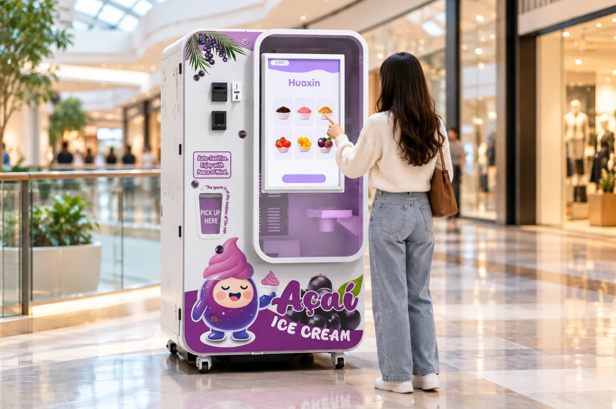 Customer ordering on the 32-inch touchscreen of a Huaxin B83 floor-standing ice cream vending machine in a shopping mall
